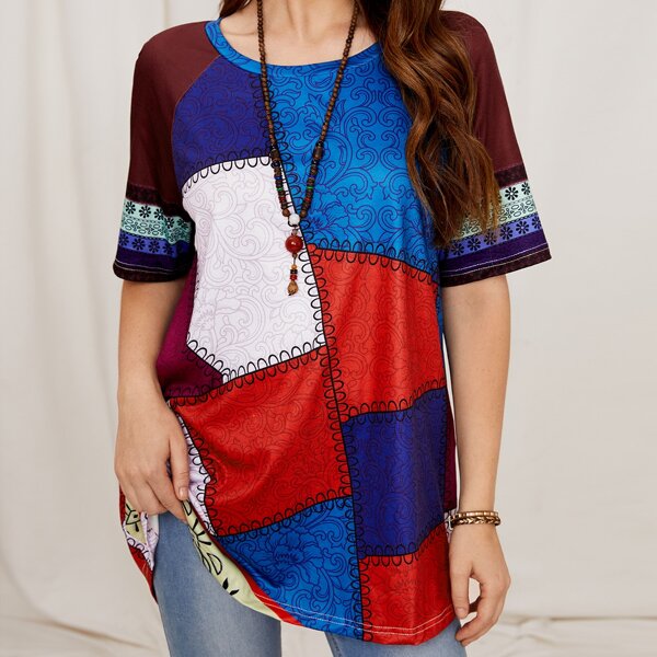 

Color-block Floral Print Long Tee, Multicolor