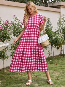 Gingham Ruffle Hem Smock Dress - Multicolor - View 1