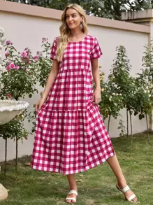 Gingham Ruffle Hem Smock Dress - Multicolor - View 3