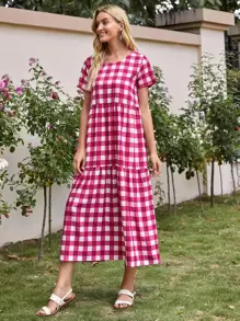 Gingham Ruffle Hem Smock Dress - Multicolor - View 4