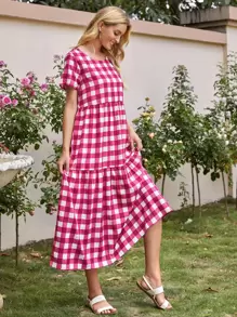 Gingham Ruffle Hem Smock Dress - Multicolor - View 5