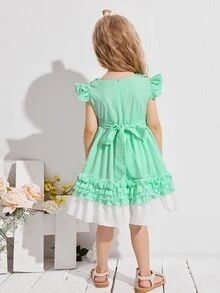 Niñas Vestido de fiesta con encaje en contraste ribete con fruncido - Verde - Ver 2