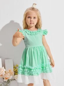 Niñas Vestido de fiesta con encaje en contraste ribete con fruncido - Verde - Ver 3