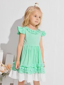 Niñas Vestido de fiesta con encaje en contraste ribete con fruncido - Verde - Ver 4