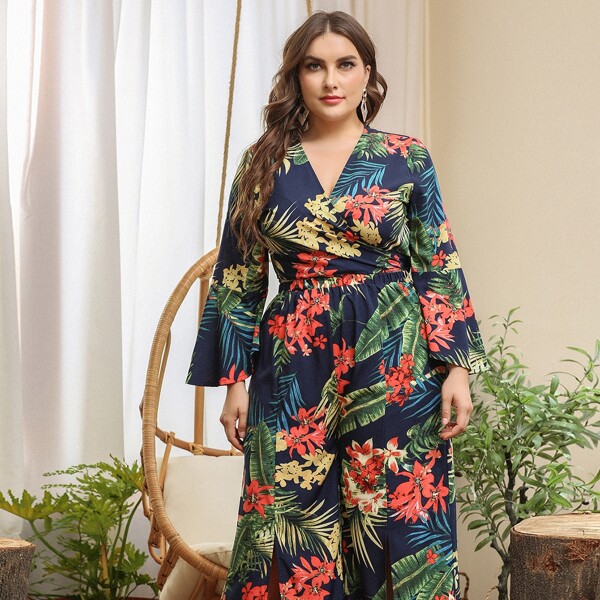 

Plus Floral Tie Front Crop Top With Split Pants, Multicolor