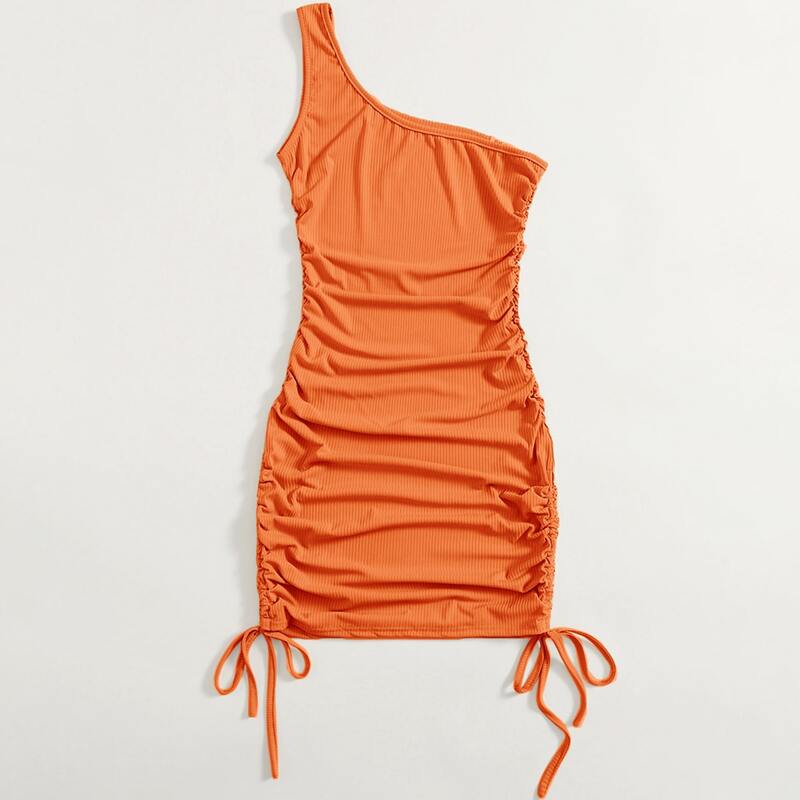 

Solid One Shoulder Drawstring Side Ribbed Bodycon Dress, Orange