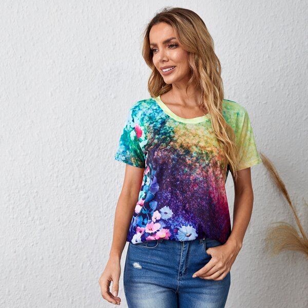 

Floral Print Short Sleeve Tee, Multicolor
