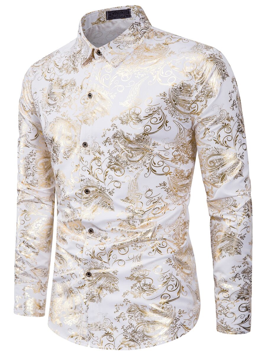 Manfinity AFTRDRK Men Baroque Print Button Through Shirt, Fall, Long Sleeve Top - White - View 1