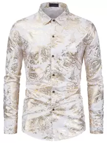Manfinity AFTRDRK Men Baroque Print Button Through Shirt, Fall, Long Sleeve Top - White - View 4