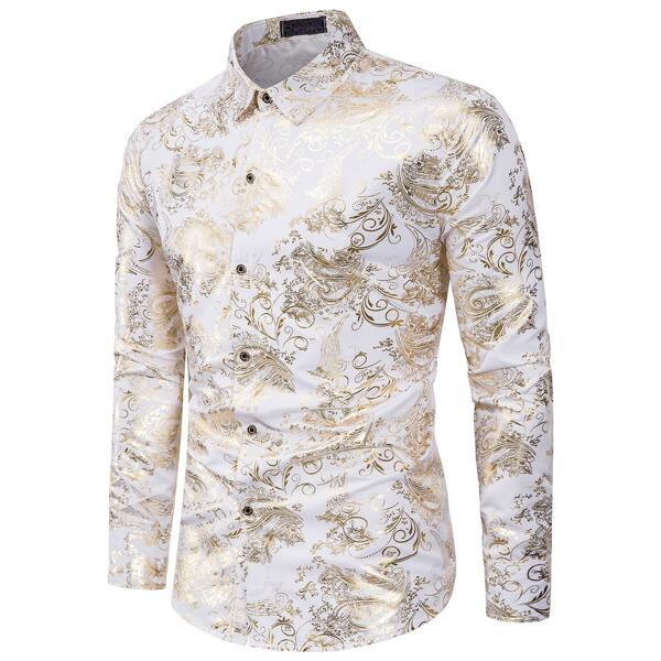 

Men Baroque Print Button Through Shirt, White