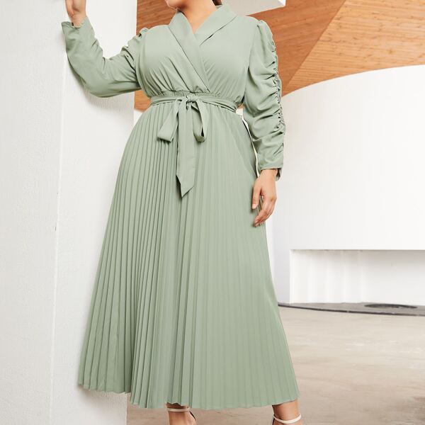 

Plus Shawl Collar Ruched Sleeve Belted Dress, Mint green