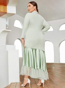 SHEIN Plus Shawl Collar Satin Panel Dobby Mesh Ruffle Hem Dress