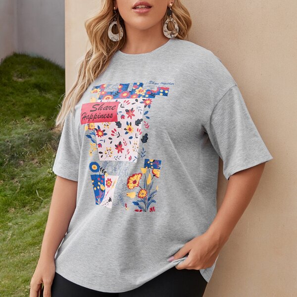 

Plus Drop Shoulder Floral & Letter Print Tee, Light grey