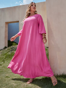 SHEIN VCAY Plus Bell Sleeve Solid Tent Dress - Hot Pink - View 3