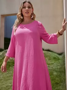 SHEIN VCAY Plus Bell Sleeve Solid Tent Dress - Hot Pink - View 5