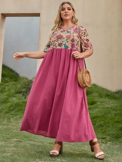 فستان تونك بصدر مزهر بعنق V مقاس كبير