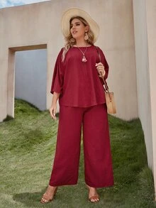 SHEIN 大碼蝙蝠袖素色上衣和寬管褲子套裝 - 酒紅色 - 查看 4