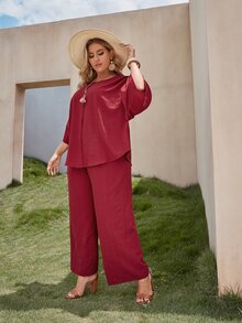 SHEIN 大碼蝙蝠袖素色上衣和寬管褲子套裝 - 酒紅色 - 查看 3