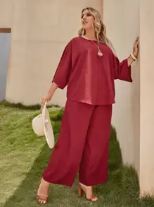 SHEIN 大碼蝙蝠袖素色上衣和寬管褲子套裝 - 酒紅色 - 查看 1