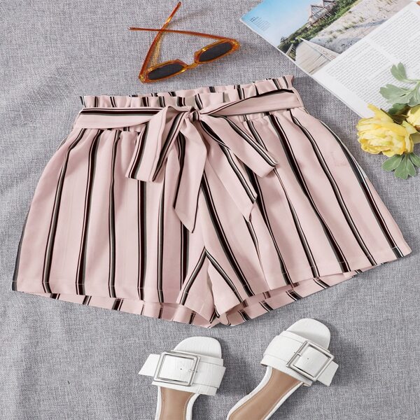 

Plus Striped Belted Paper Bag Waist Shorts, Baby pink