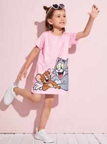 TOM & JERRY X SHEIN 小女童卡通圖案T恤連衣裙 - 淺粉色 - 查看 1