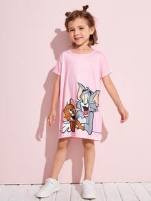 TOM & JERRY X SHEIN 小女童卡通圖案T恤連衣裙 - 淺粉色 - 查看 3