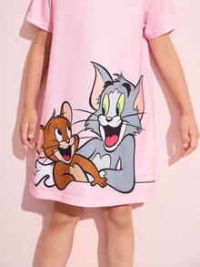 TOM & JERRY X SHEIN 小女童卡通圖案T恤連衣裙 - 淺粉色 - 查看 4