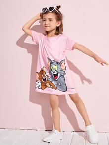 TOM & JERRY X SHEIN 小女童卡通圖案T恤連衣裙 - 淺粉色 - 查看 5