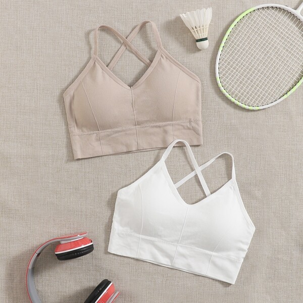 

2pcs Medium Support Seamless Criss Cross Sports Bra, Multicolor