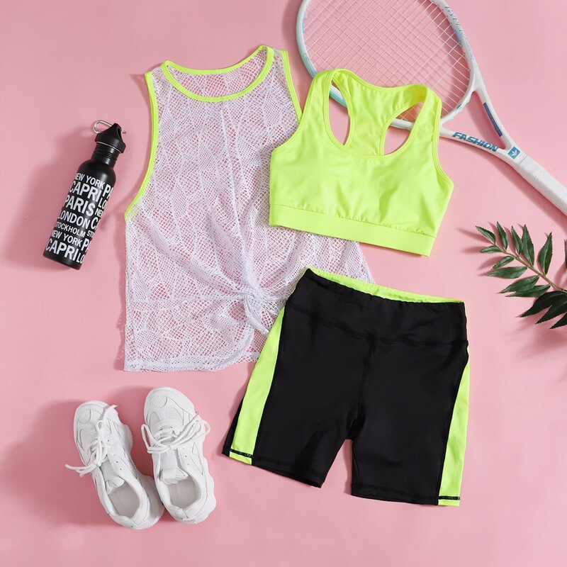 

3pcs Twist Tank Top & Bra & Shorts, Multicolor