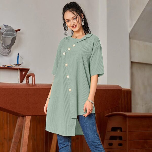 

Striped Button Front Asymmetrical Blouse, Mint green
