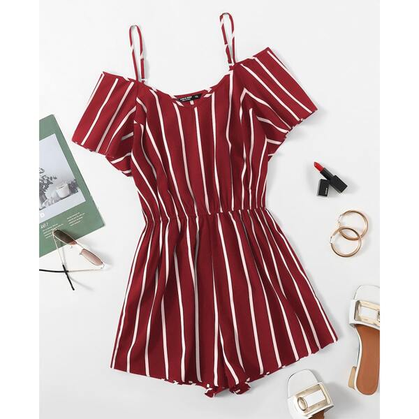 

Plus Striped Cold Shoulder Romper, Burgundy