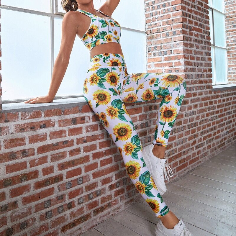 

High Stretch All Over Sunflower Print Sports Set, Multicolor