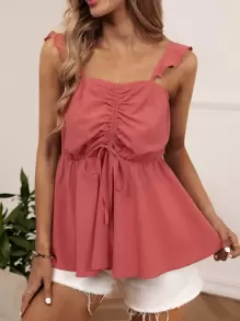 SHEIN VCAY Top cordón delantero bajo con fruncido - Rosado Sandía - Ver 1