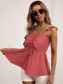 SHEIN VCAY Top cordón delantero bajo con fruncido - Rosado Sandía - Ver 3
