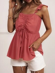 SHEIN VCAY Top cordón delantero bajo con fruncido - Rosado Sandía - Ver 4