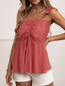 SHEIN VCAY Top cordón delantero bajo con fruncido - Rosado Sandía - Ver 6