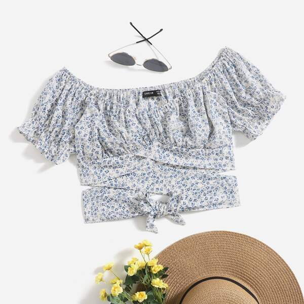 

Puff Sleeve Ruched Bust Knot Ditsy Floral Crop Top, Blue and white
