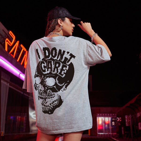 

Slogan And Skeleton Print Oversized Tee, Light grey