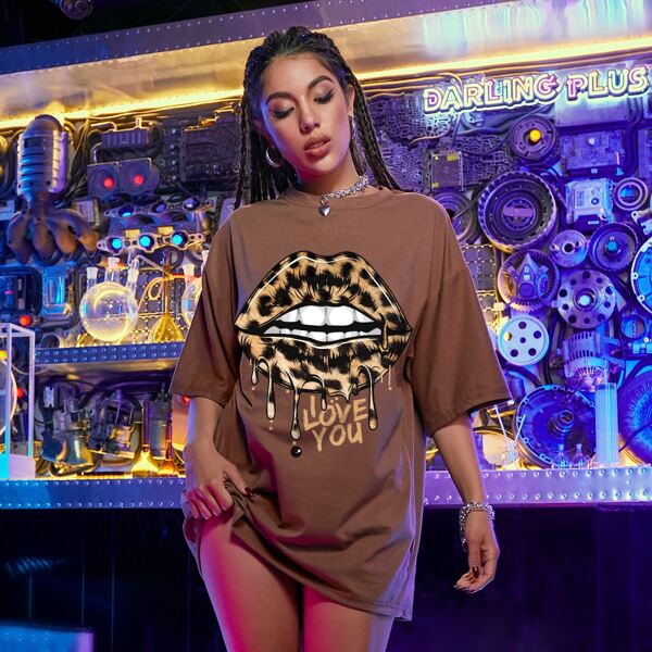 

Slogan & Leopard Lip Print Oversized Tee, Brown