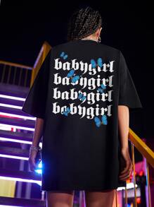 SHEIN Unity Áo thun oversize in chữ và bướm - màu đen - Xem 1