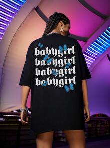SHEIN Unity Áo thun oversize in chữ và bướm - màu đen - Xem 2