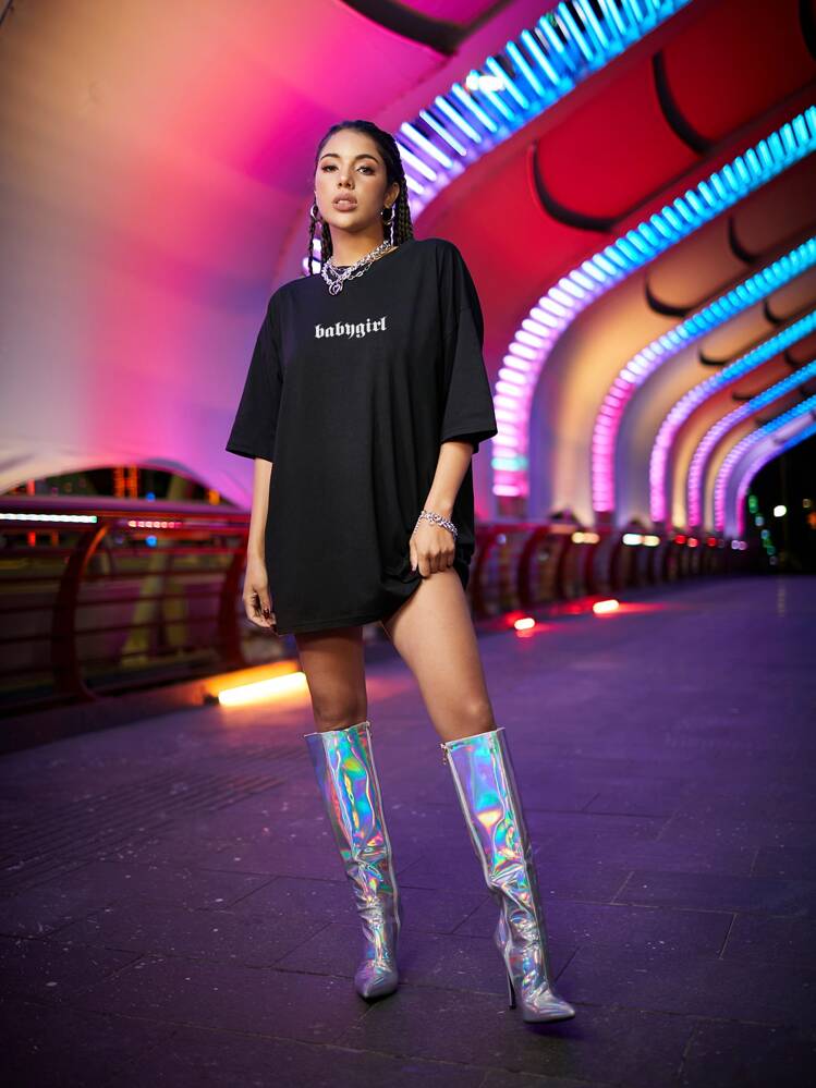 SHEIN Unity Letter And Butterfly Print Oversized Tee - Black - View 7