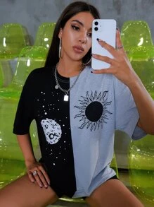 SHEIN Unity 太陽和月亮圖案雙色落肩長款T恤 - 彩色 - 查看 1