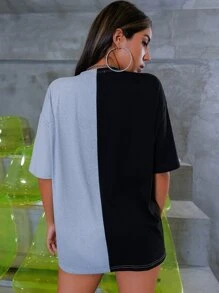 SHEIN Unity 太陽和月亮圖案雙色落肩長款T恤 - 彩色 - 查看 2
