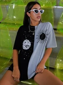 SHEIN Unity 太陽和月亮圖案雙色落肩長款T恤 - 彩色 - 查看 3