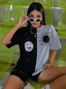 SHEIN Unity 太陽和月亮圖案雙色落肩長款T恤 - 彩色 - 查看 5