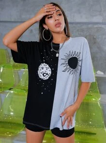 SHEIN Unity 太陽和月亮圖案雙色落肩長款T恤 - 彩色 - 查看 6