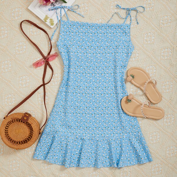 

Ditsy Floral Knot Straps Ruffle Hem Cami Dress, Baby blue