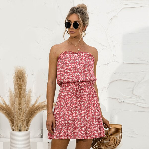 

Ditsy Floral Print Knot Ruffle Hem Tube Romper, Red